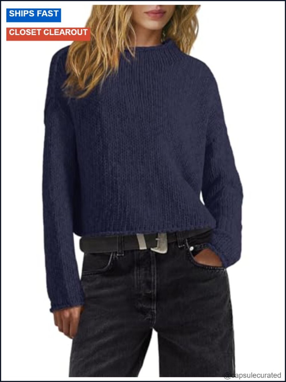 Mock Neck Cropped Oversized Chunky Knit Pullover Sweater